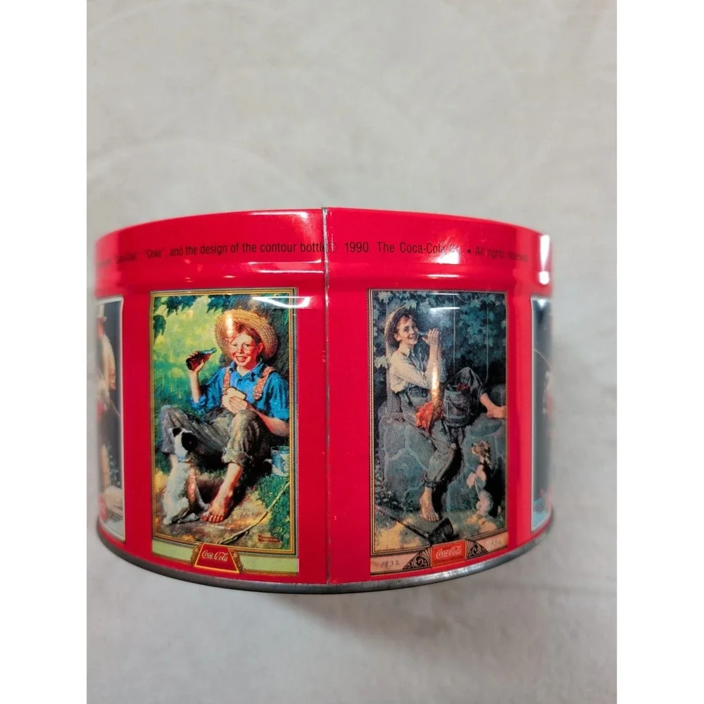 Vintage 1990 Coca-Cola Round‎ Metal Tin Red Collectible Nostalgic Illustrations